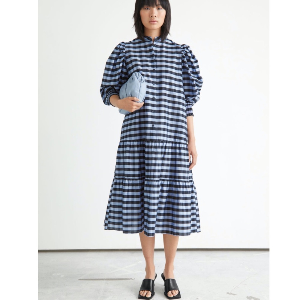 NWT & Other Stories Wide Tiered Puff Sleeve Midi Dress Blue Checks